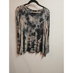 T Party Grey Tan Tie Die Boho Top Flare Sleeve Cut Out Flowers Neckline SZ S